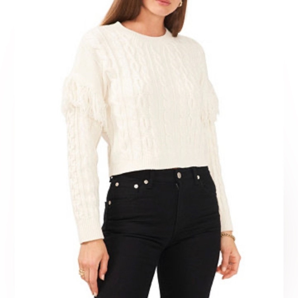 1State Womens Cream Cableknit Fringed Sleeve Sweater Sz XL